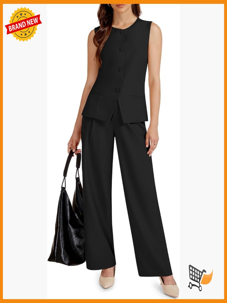 Womens 2 Piece Sleeveless Vest And Wide Leg Pants Suit Set Business Casual